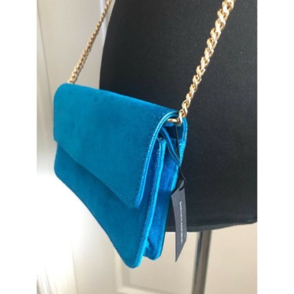 Banana Republic Italian Suede Chain Mini Clutch Laser BLUE Handbag Crossbody - Picture 5 of 12